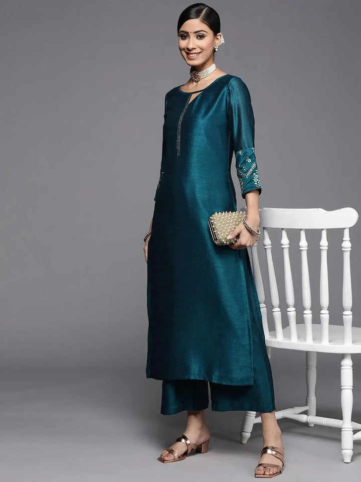 Teal Solid Silk Kurta - Libas