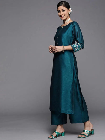 Teal Solid Silk Kurta - Libas