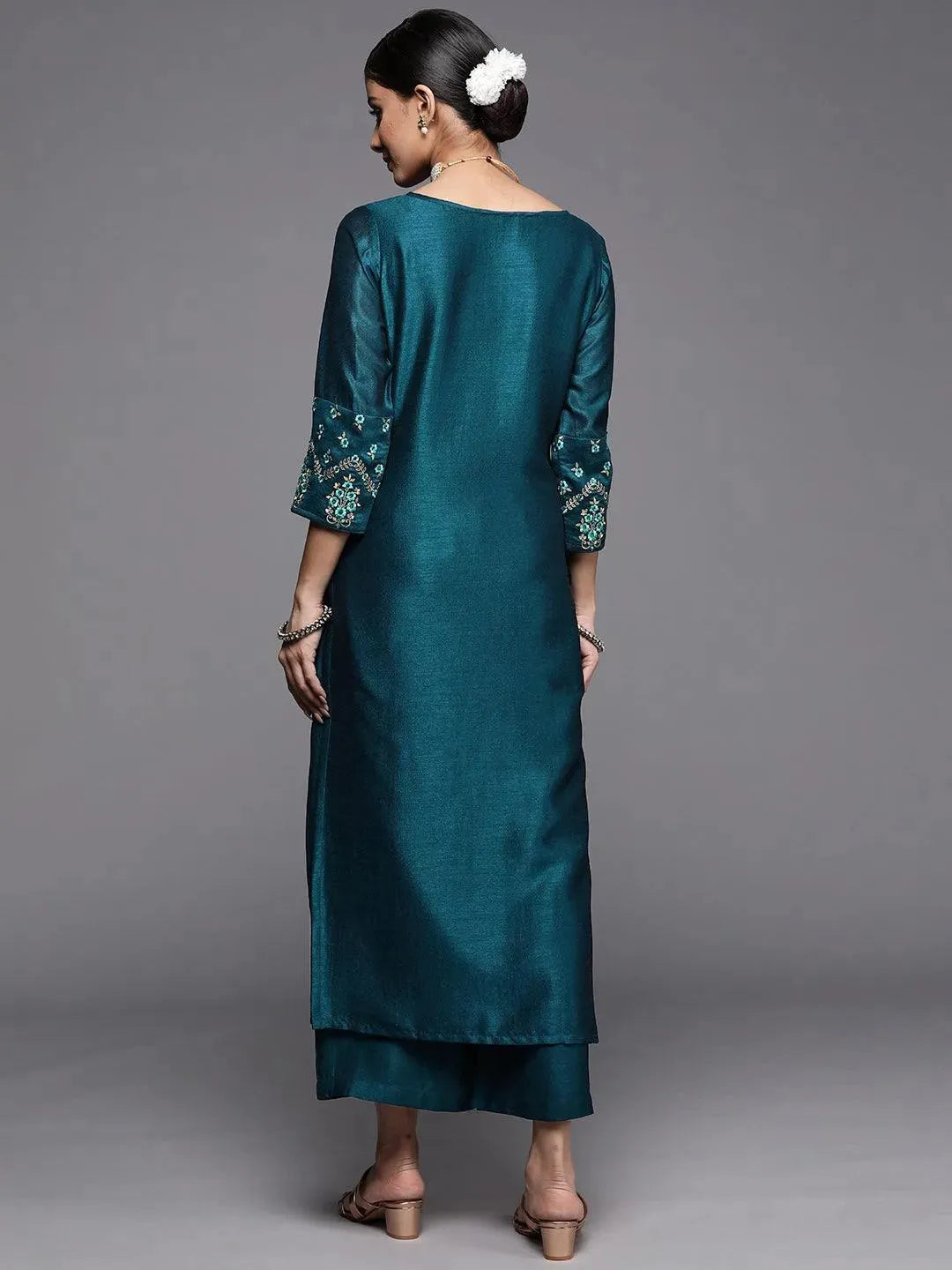 Teal Solid Silk Kurta - Libas