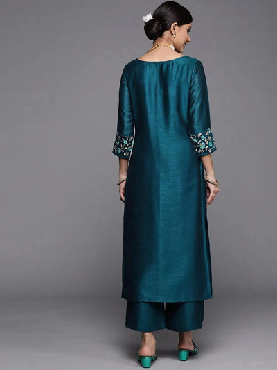 Teal Solid Silk Kurta - Libas