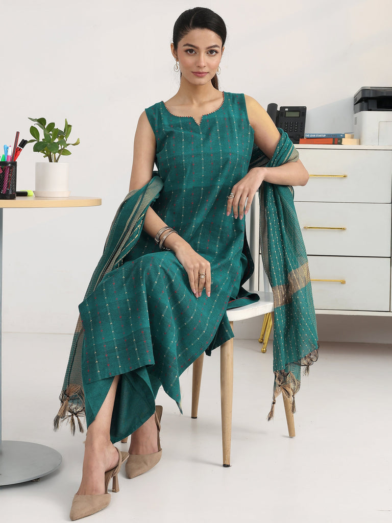 Gerua Teal Striped Woven Design Cotton Blend Straight Suit Set With Dupatta