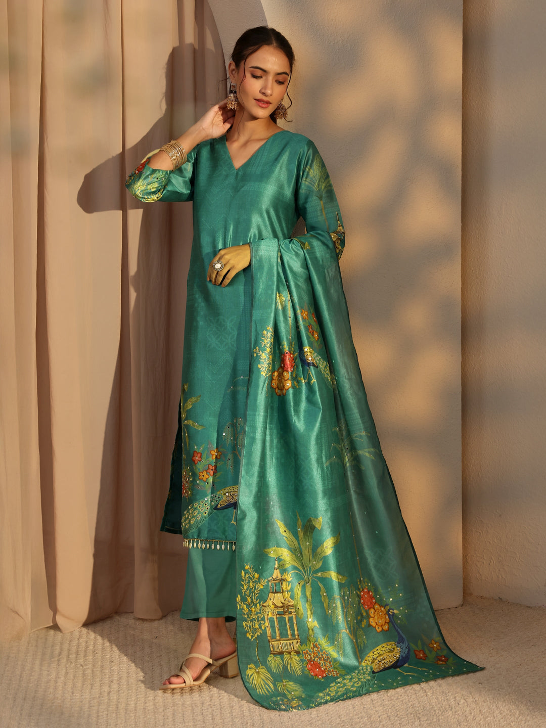  Teal Tribal Printed Silk Blend Straight Suit Set With Dupatta 