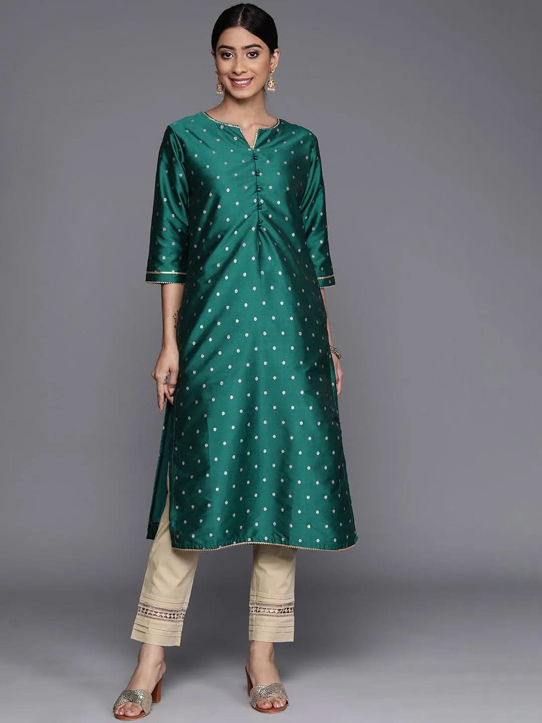 Teal Woven Design Art Silk Straight Kurta - Libas 