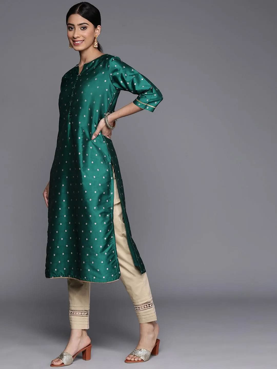 Teal Woven Design Art Silk Straight Kurta - Libas 