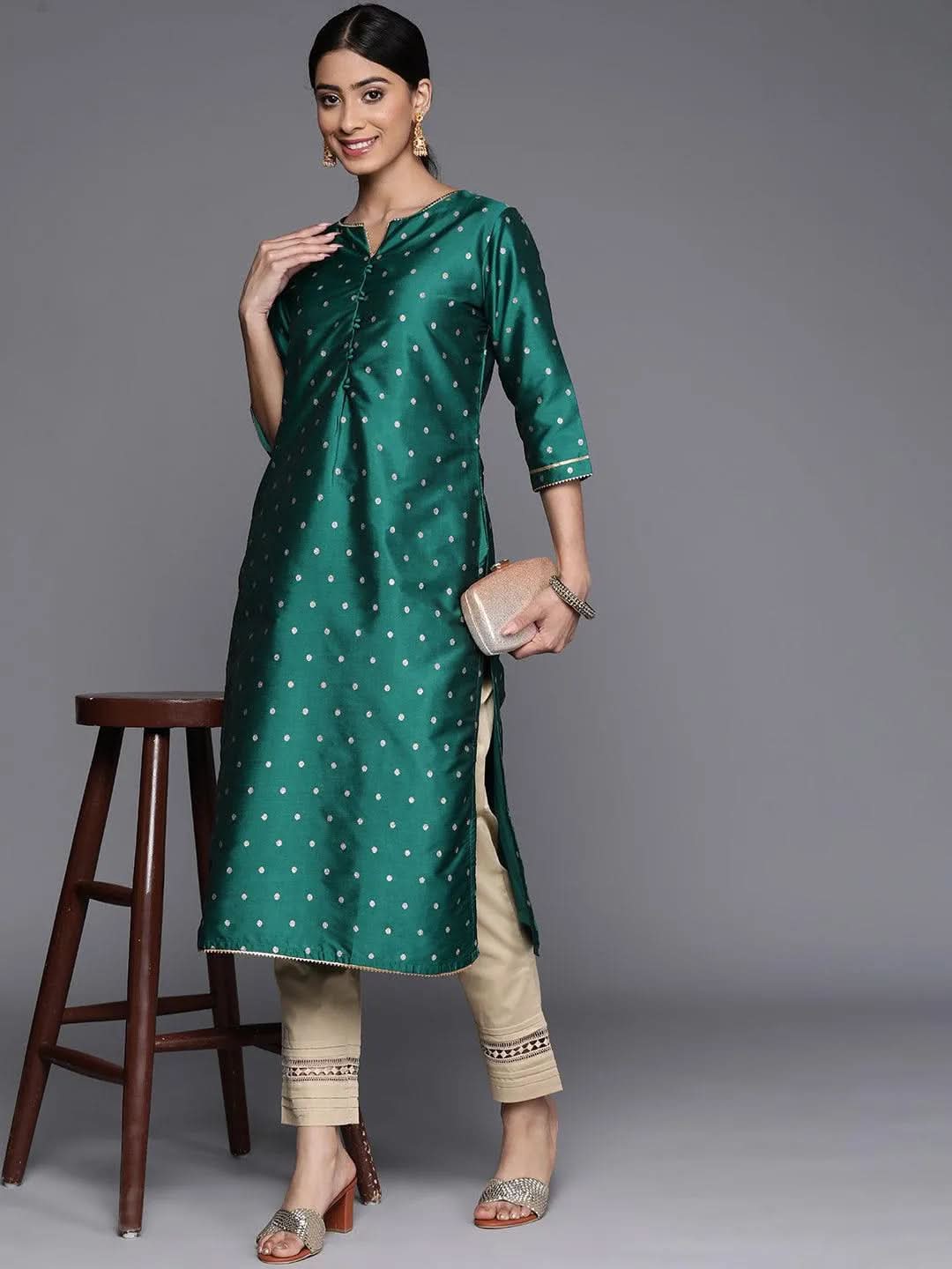 

Teal Woven Design Art Silk Straight Kurta