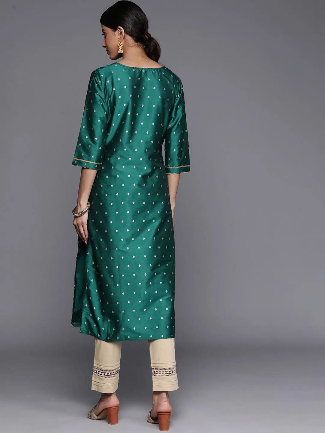 Teal Woven Design Art Silk Straight Kurta - Libas 