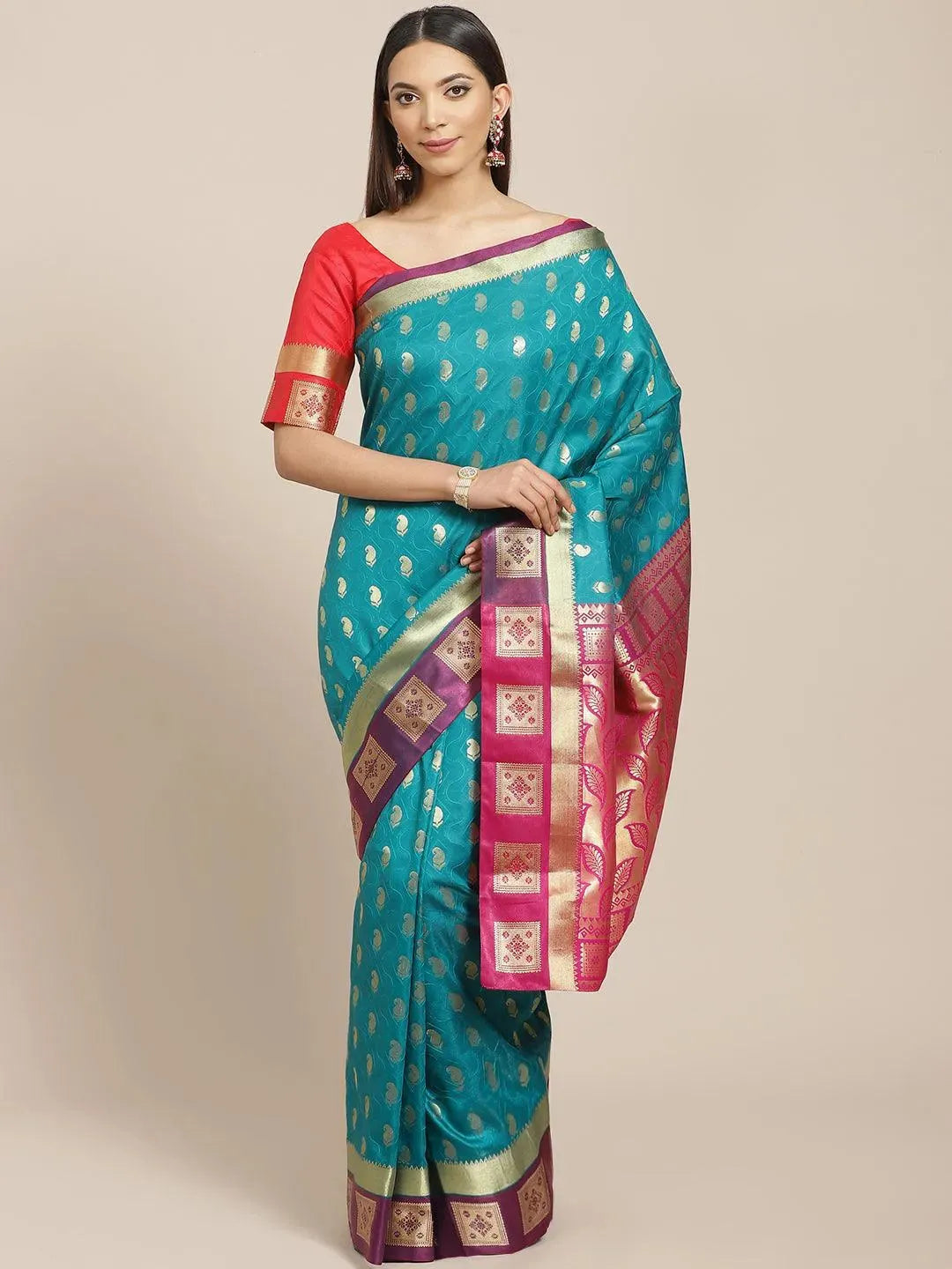 Teal Woven Design Brocade Saree - Libas