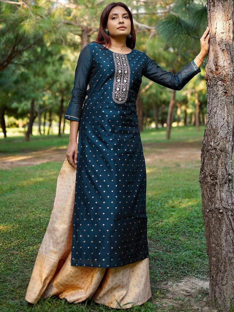 Libas Teal Woven Design Chanderi Silk Straight Kurta