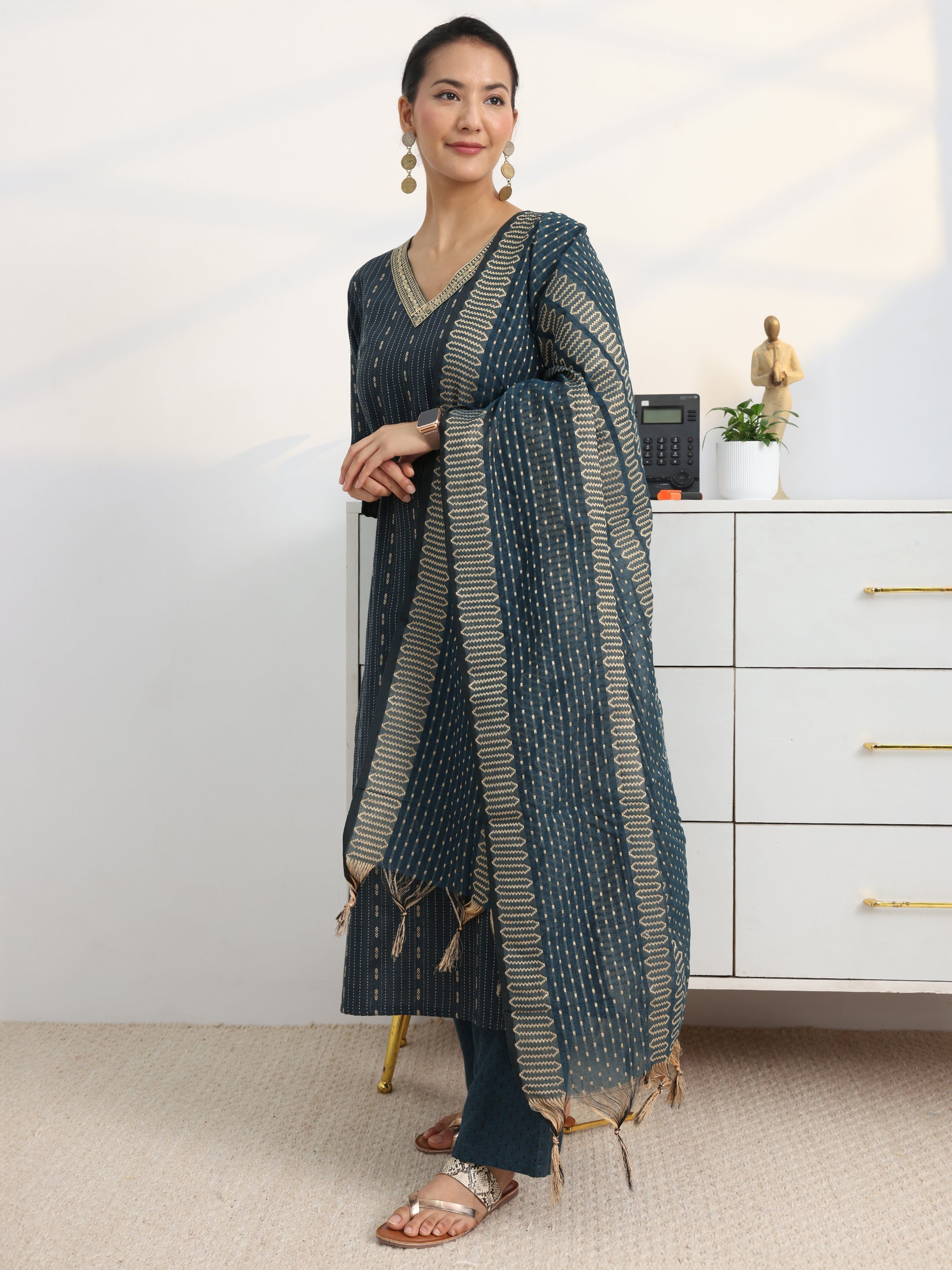 libas Teal Woven Design Cotton Blend Straight Suit Set With Dupatta-picture-30