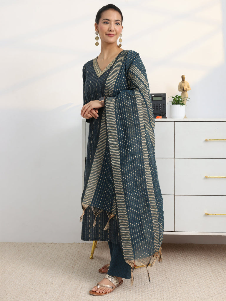 Gerua Teal Woven Design Cotton Blend Straight Suit Set With Dupatta