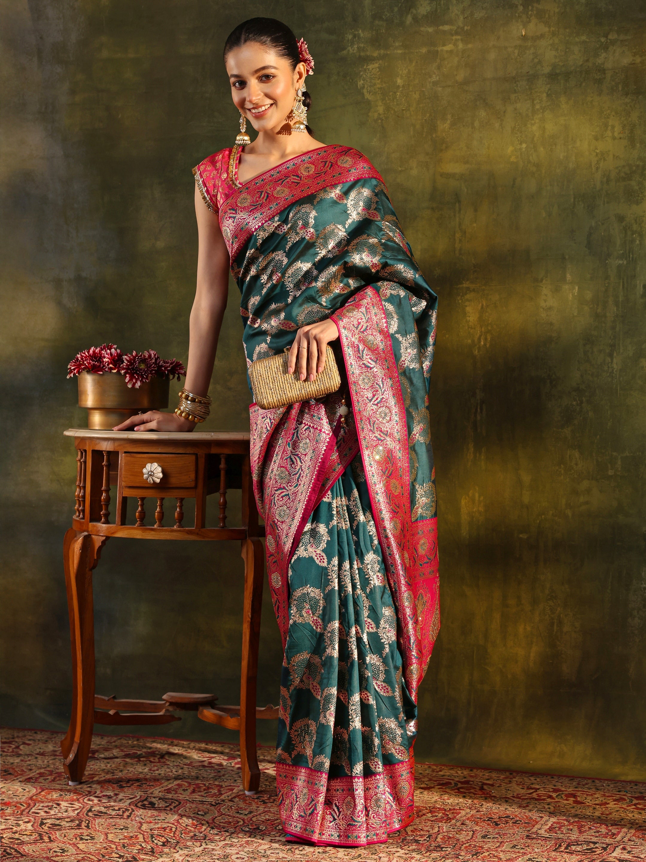 libas Teal Woven Design Silk Blend Banarasi Saree With Unstitched Blouse Piece-picture-39