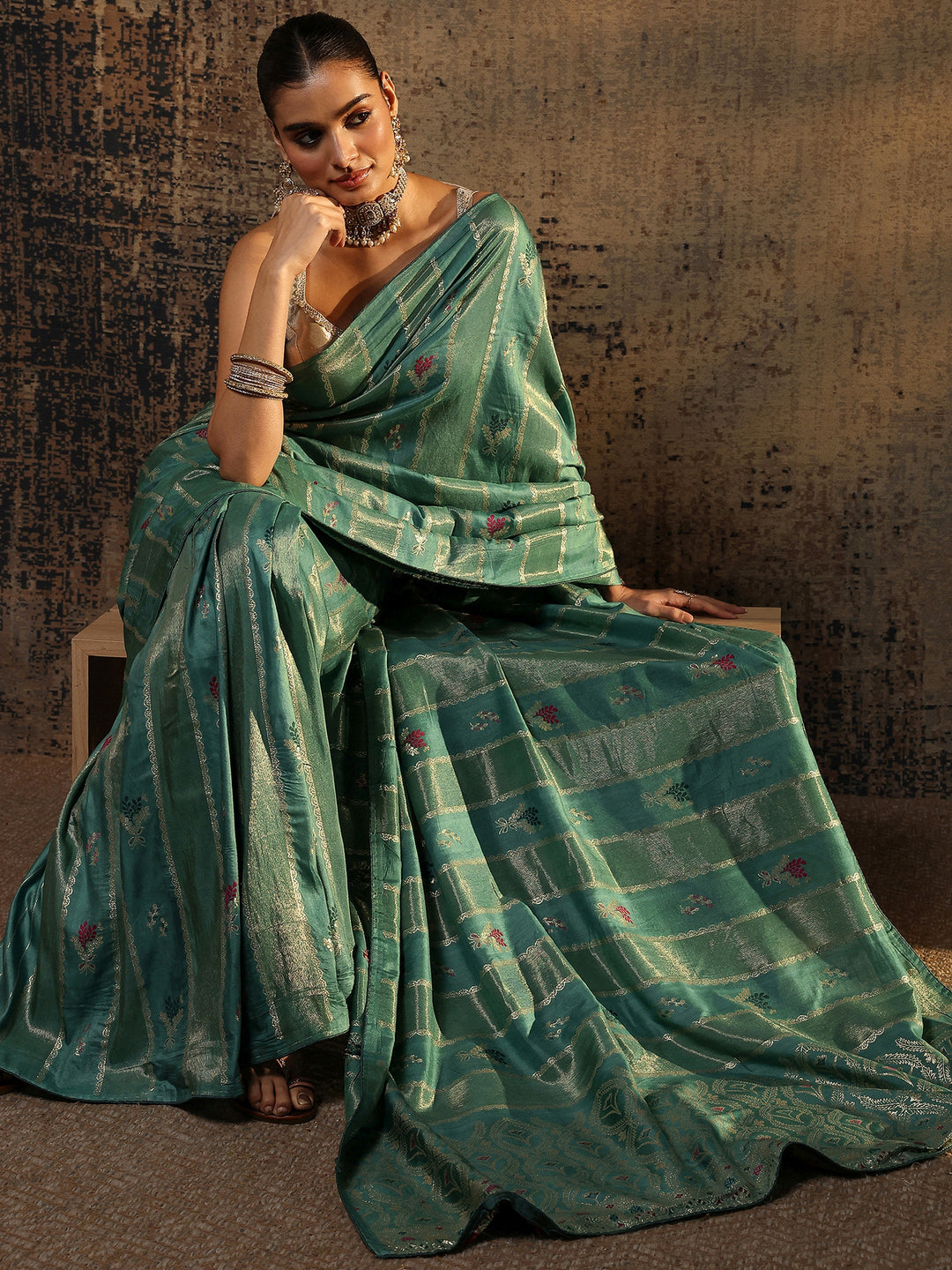 Teal Woven Design Silk Blend Saree With Unstitched Blouse Piece