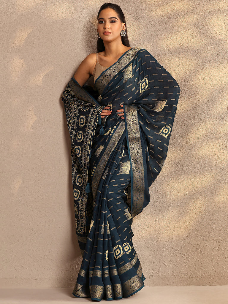 Libas Teal Woven Design Silk Blend Saree With Unstitched Blouse Piece