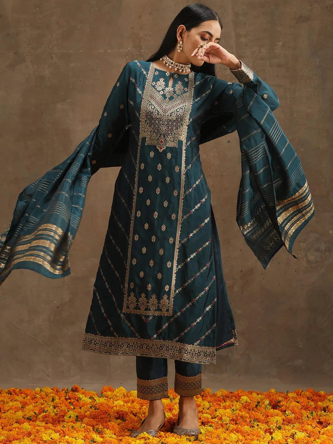 Teal Woven Design Silk Blend Straight Suit Set With Trousers - Libas