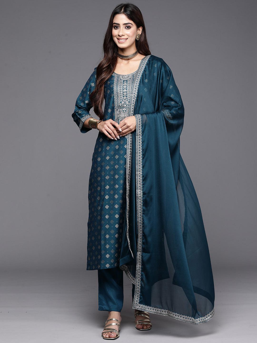 Teal Woven Design Silk Blend Straight Suit With Dupatta