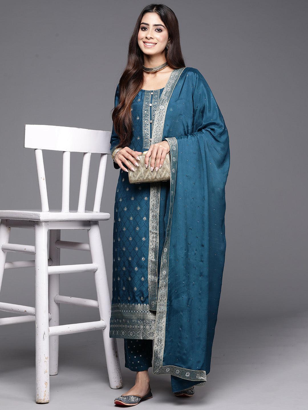 Teal Woven Design Silk Blend Straight Suit With Dupatta