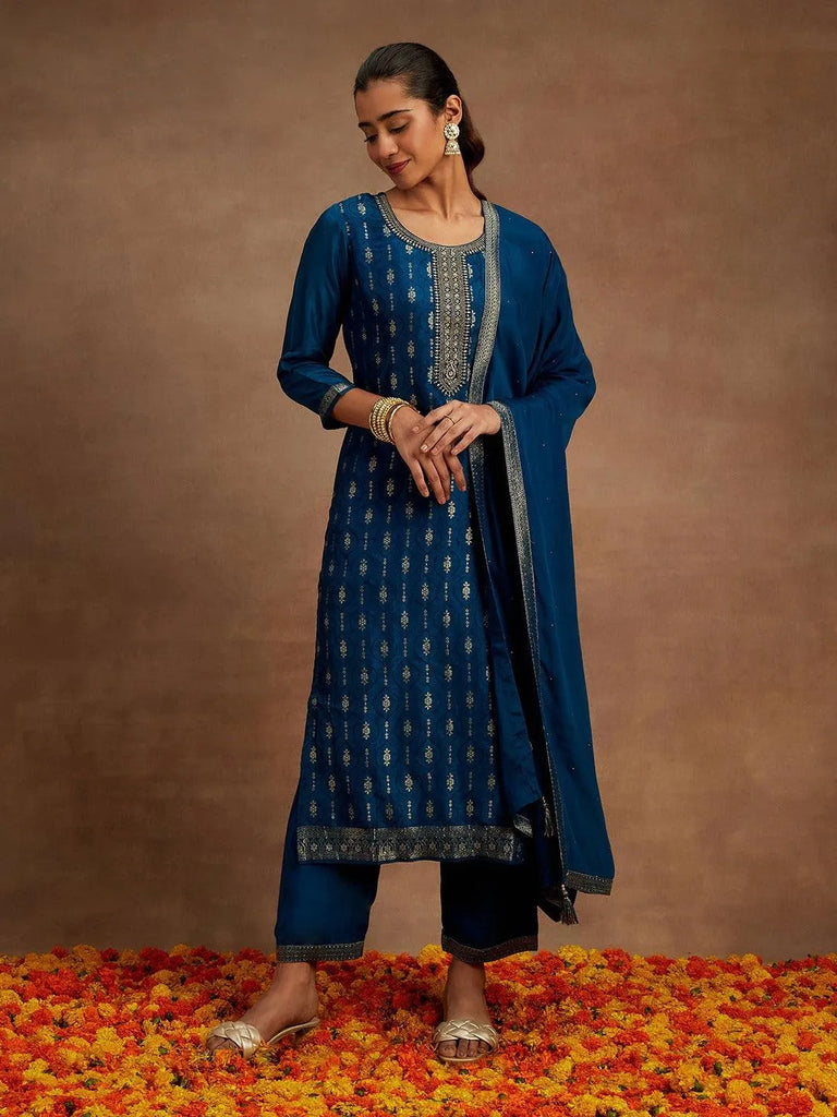 Libas Teal Woven Design Silk Blend Straight Suit With Dupatta