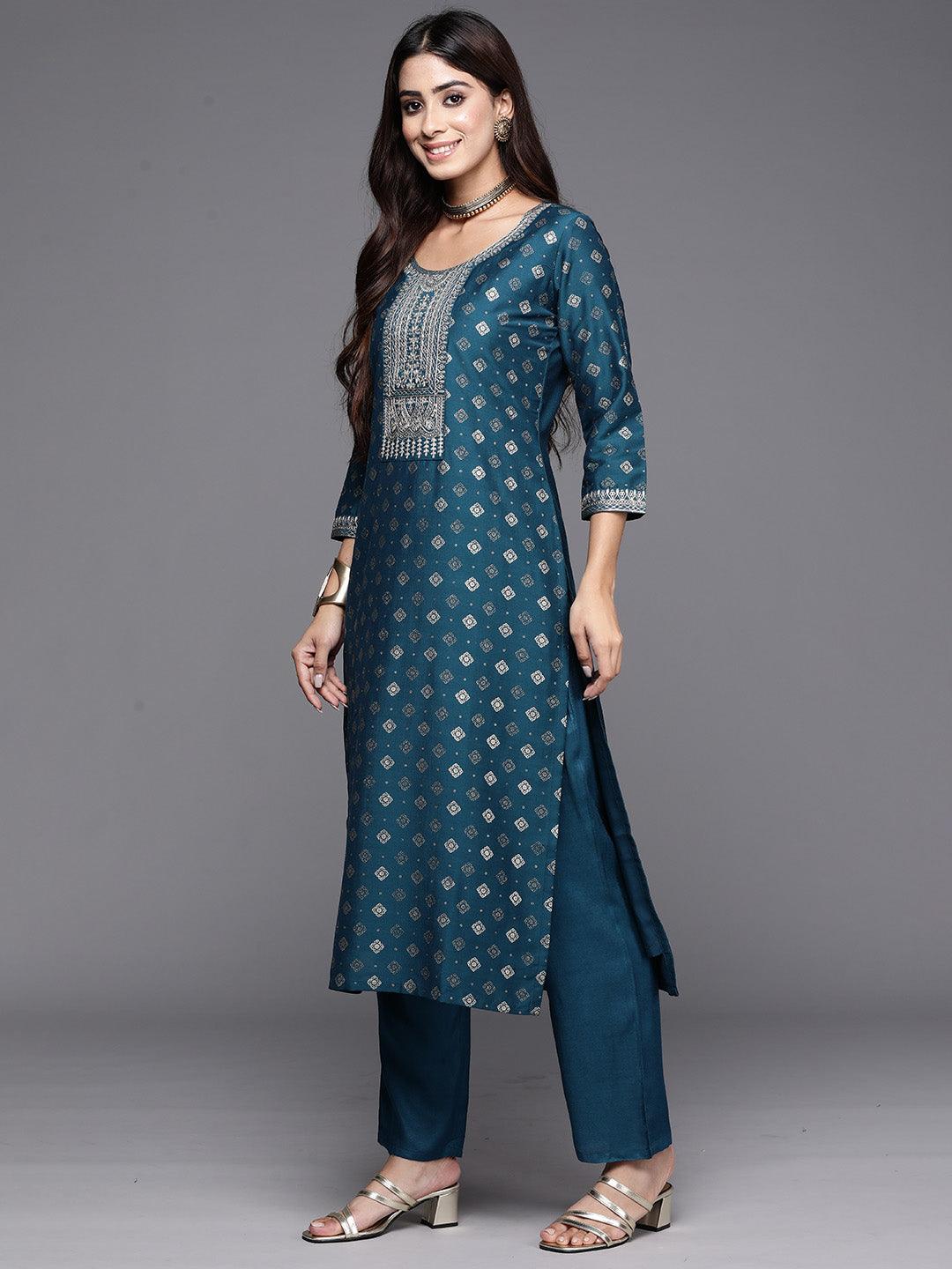Teal Woven Design Silk Blend Straight Kurta With Trousers & Dupatta - Libas