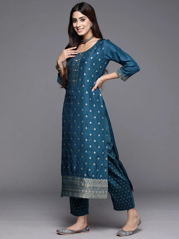 Teal Woven Design Silk Blend Straight Kurta With Trousers & Dupatta - Libas