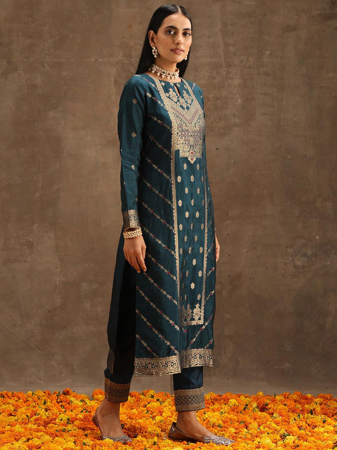 Teal Woven Design Silk Blend Straight Suit Set With Trousers - Libas