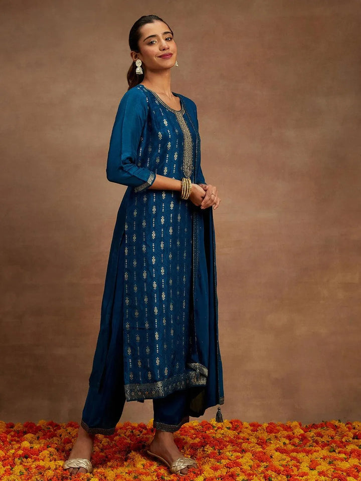 Teal Woven Design Silk Blend Straight Kurta With Trousers & Dupatta - Libas