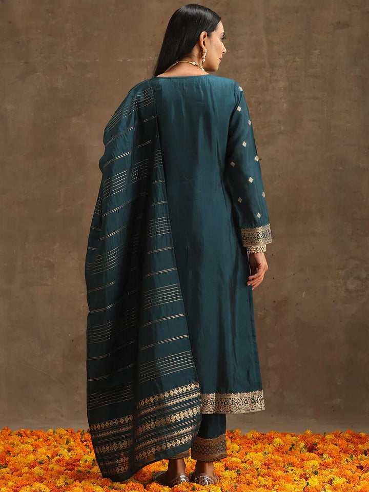 Teal Woven Design Silk Blend Straight Suit Set With Trousers - Libas