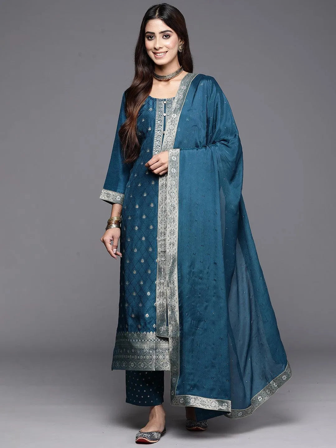 Teal Woven Design Silk Blend Straight Kurta With Trousers & Dupatta - Libas