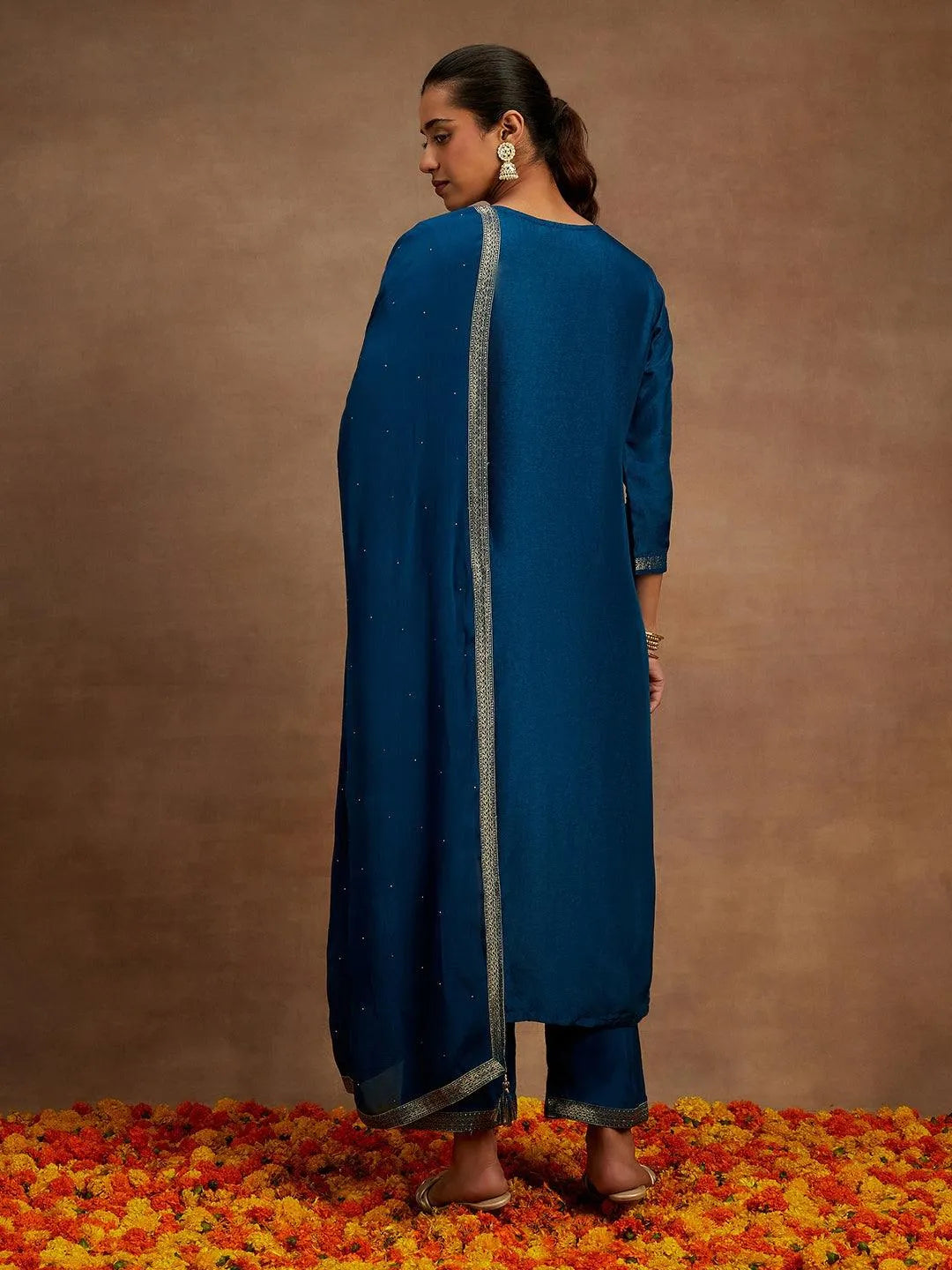 Teal Woven Design Silk Blend Straight Kurta With Trousers & Dupatta - Libas 