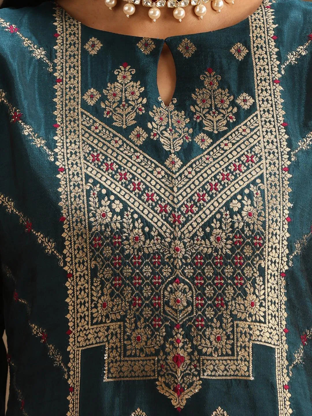 Teal Woven Design Silk Blend Straight Suit Set With Trousers - Libas 