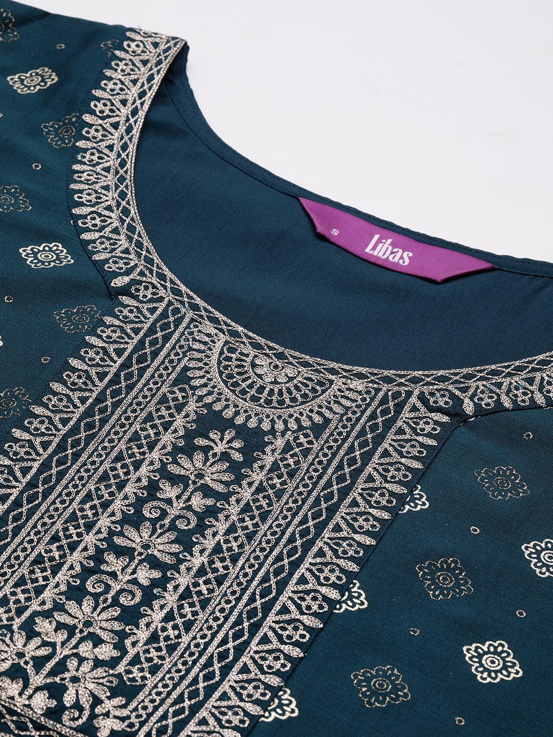 Teal Woven Design Silk Blend Straight Kurta With Trousers & Dupatta - Libas