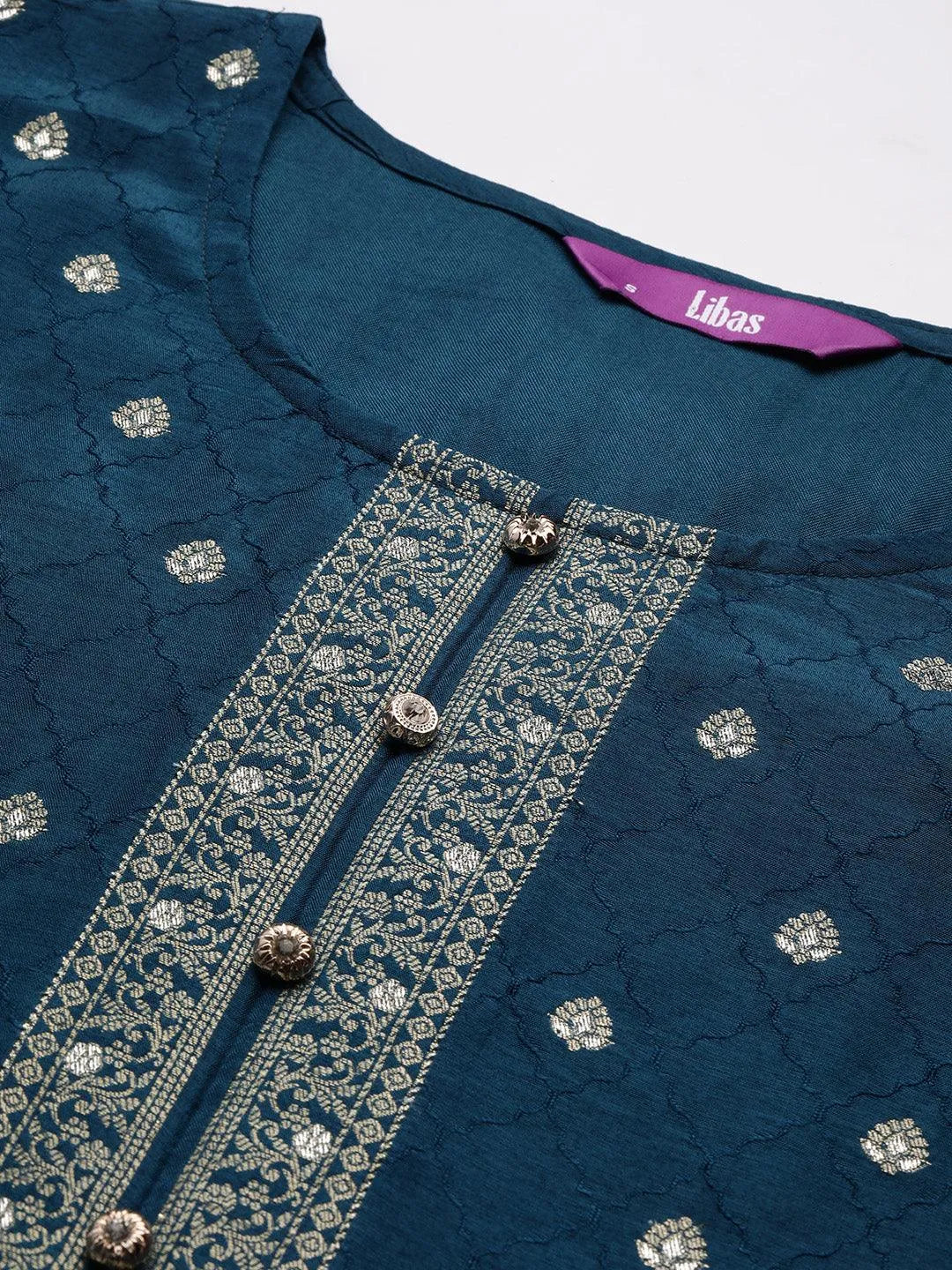 Teal Woven Design Silk Blend Straight Kurta With Trousers & Dupatta - Libas