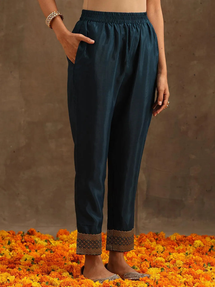 Teal Woven Design Silk Blend Straight Suit Set With Trousers - Libas