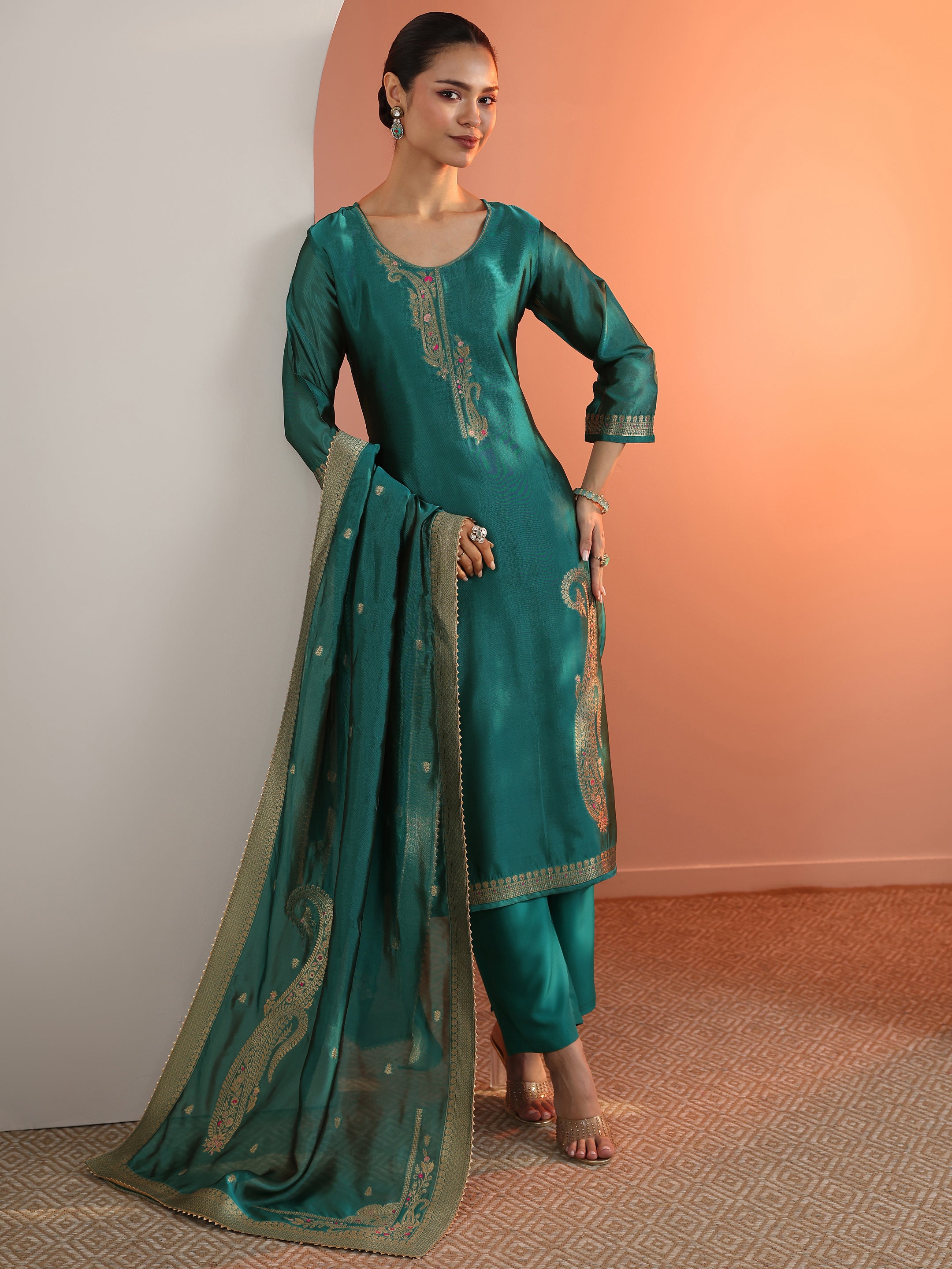 libas Teal Woven Design Silk Blend Straight Suit Set With Dupatta-picture-46