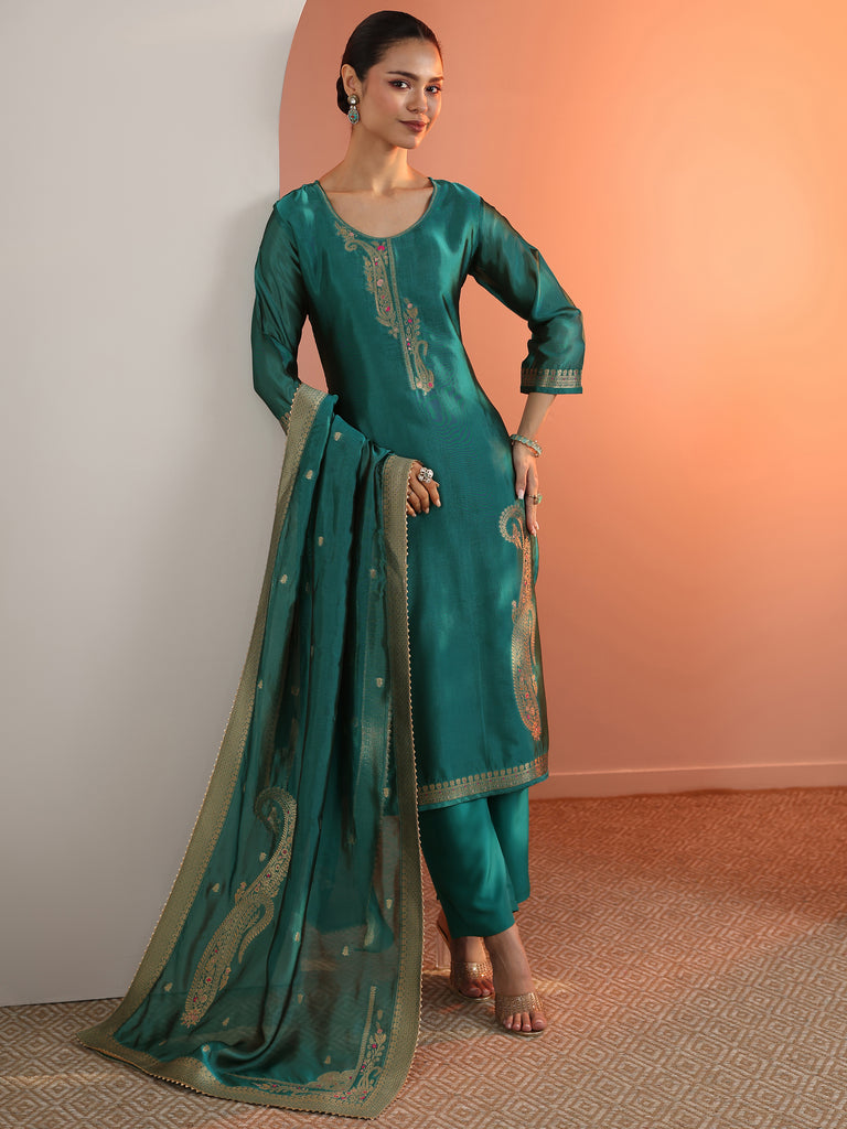 Libas Teal Woven Design Silk Blend Straight Suit Set With Dupatta