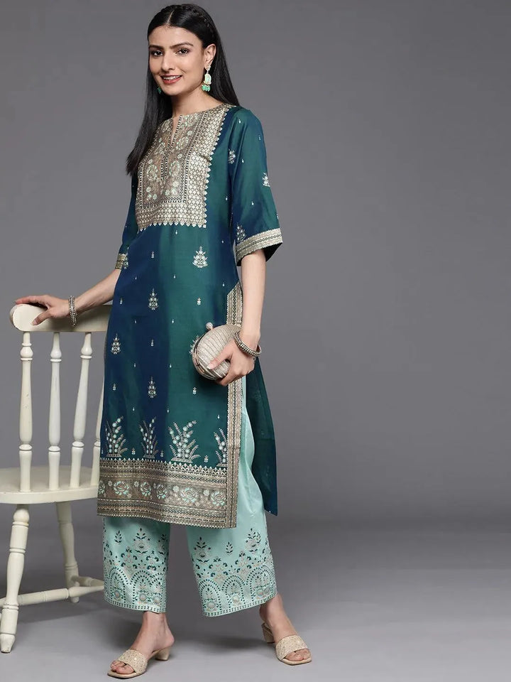 Teal Yoke Design Chanderi Silk Kurta - Libas