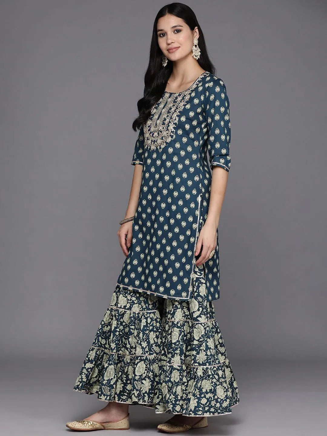 Teal Yoke Design Cotton Straight Suit Set With Sharara - Libas 