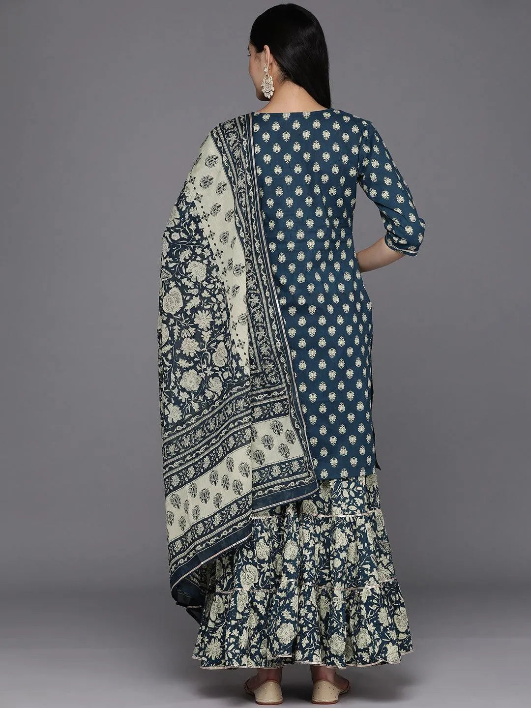 Teal Yoke Design Cotton Straight Suit Set With Sharara - Libas 