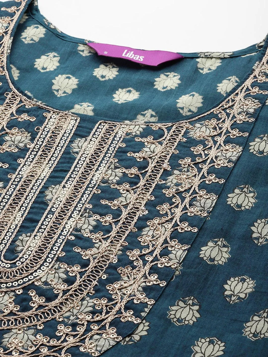Teal Yoke Design Cotton Straight Suit Set With Sharara - Libas 