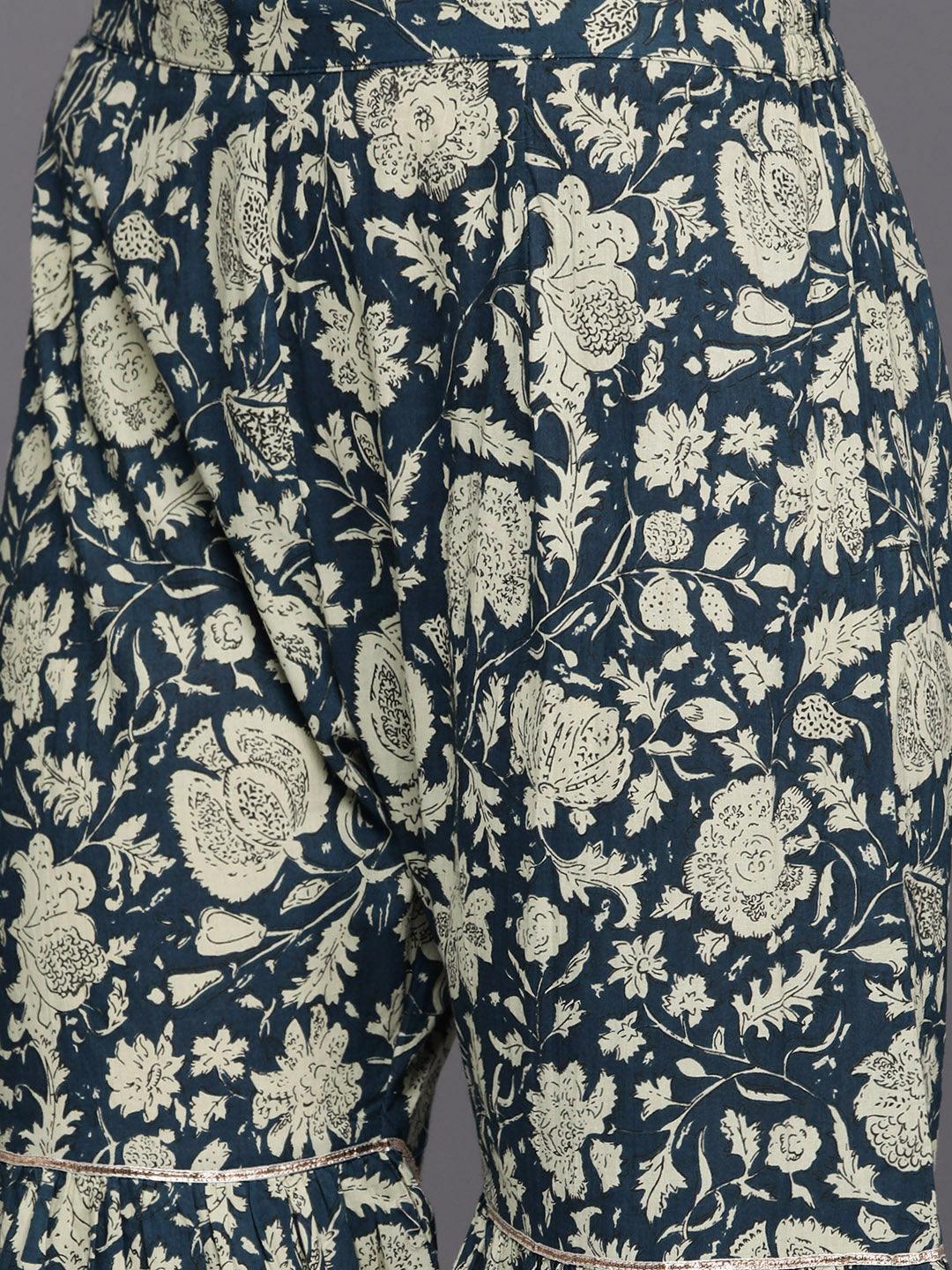 Teal Yoke Design Cotton Straight Sharara Suit Set With Dupatta