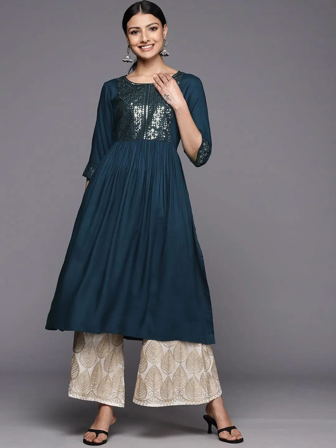 Teal Yoke Design Rayon A-Line Kurta - Libas 