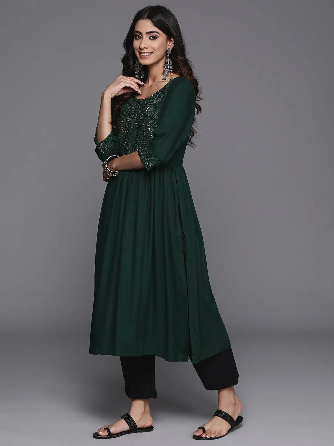 Teal Yoke Design Rayon A-Line Kurta - Libas 