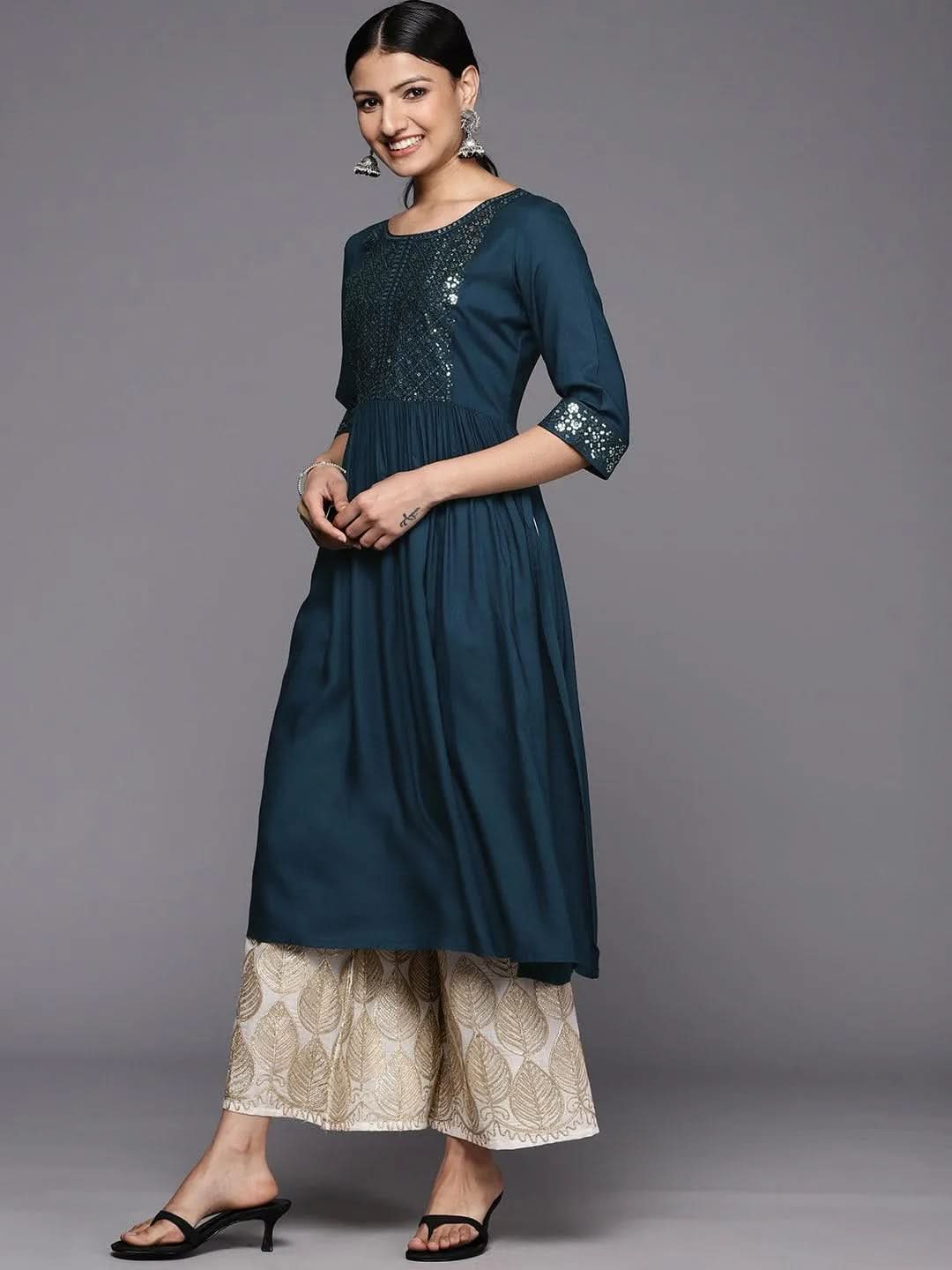 Teal Yoke Design Rayon A-Line Kurta - Libas 