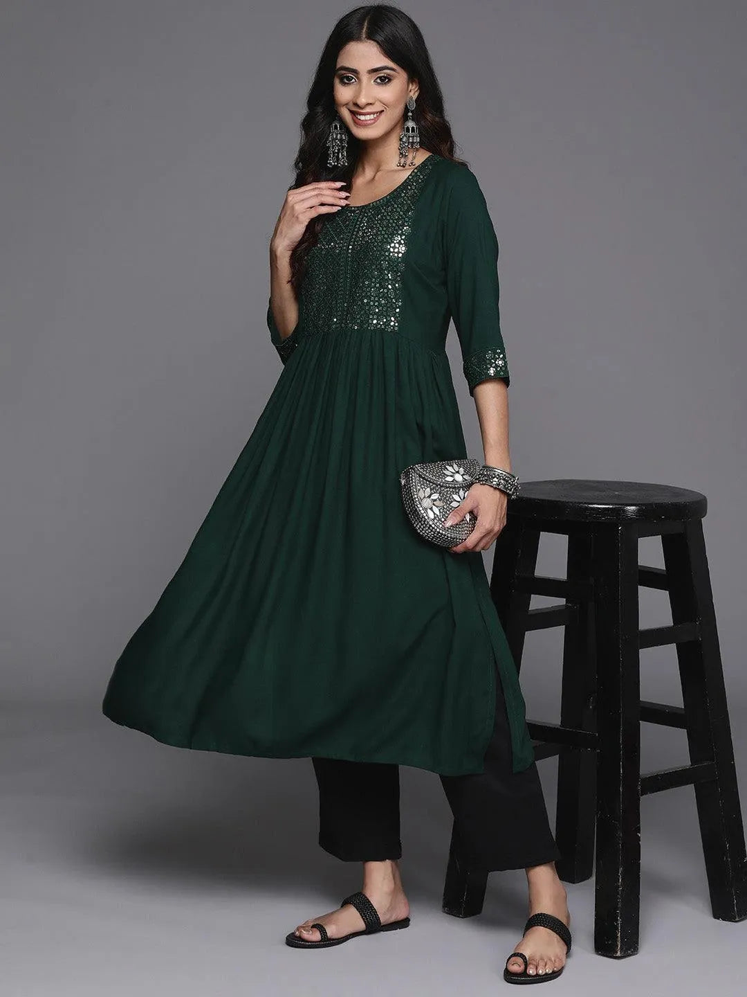 Teal Yoke Design Rayon A-Line Kurta - Libas 
