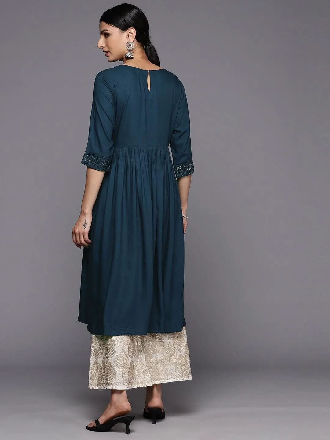 Teal Yoke Design Rayon A-Line Kurta - Libas 