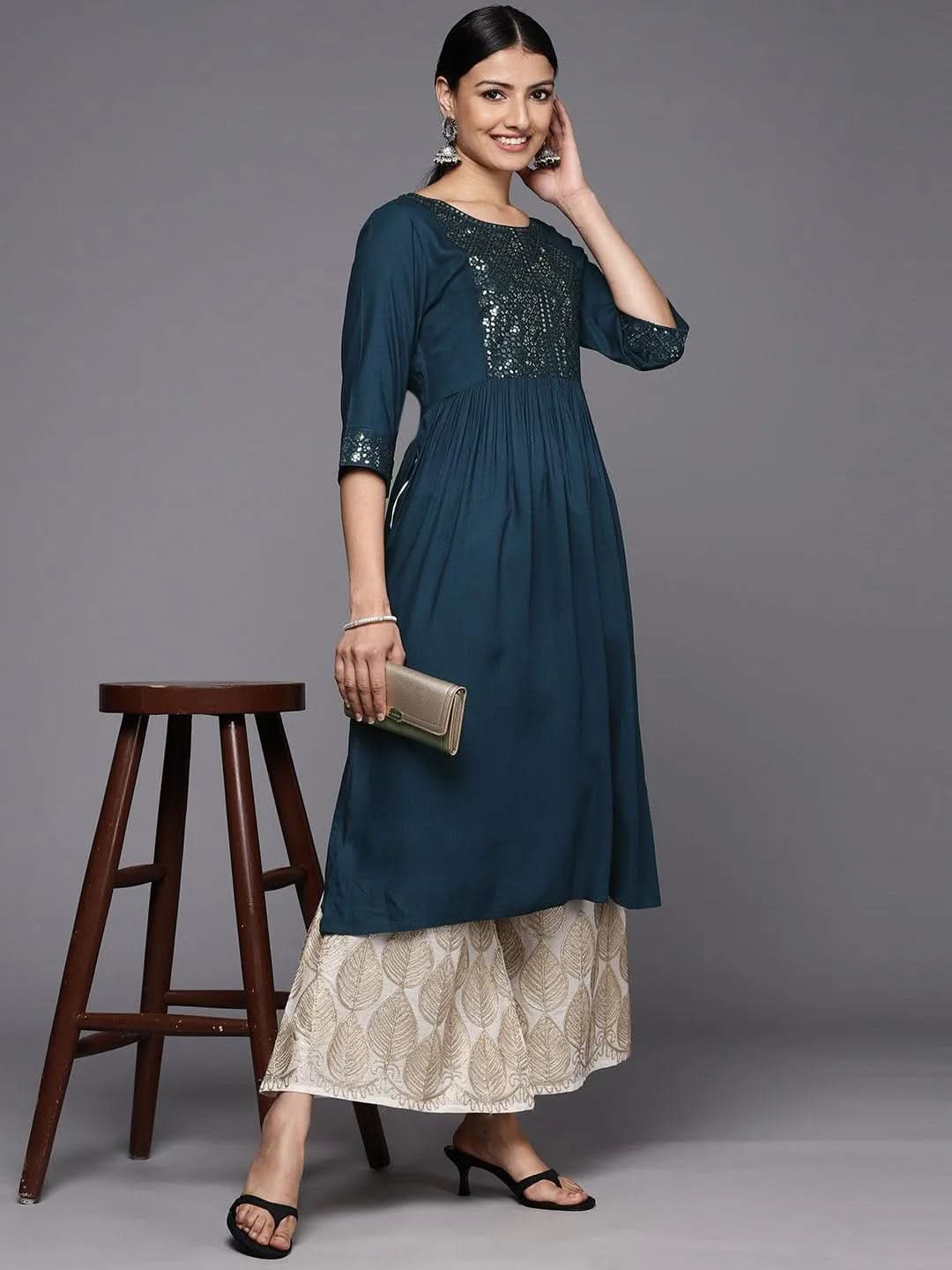 Teal Yoke Design Rayon A-Line Kurta - Libas 