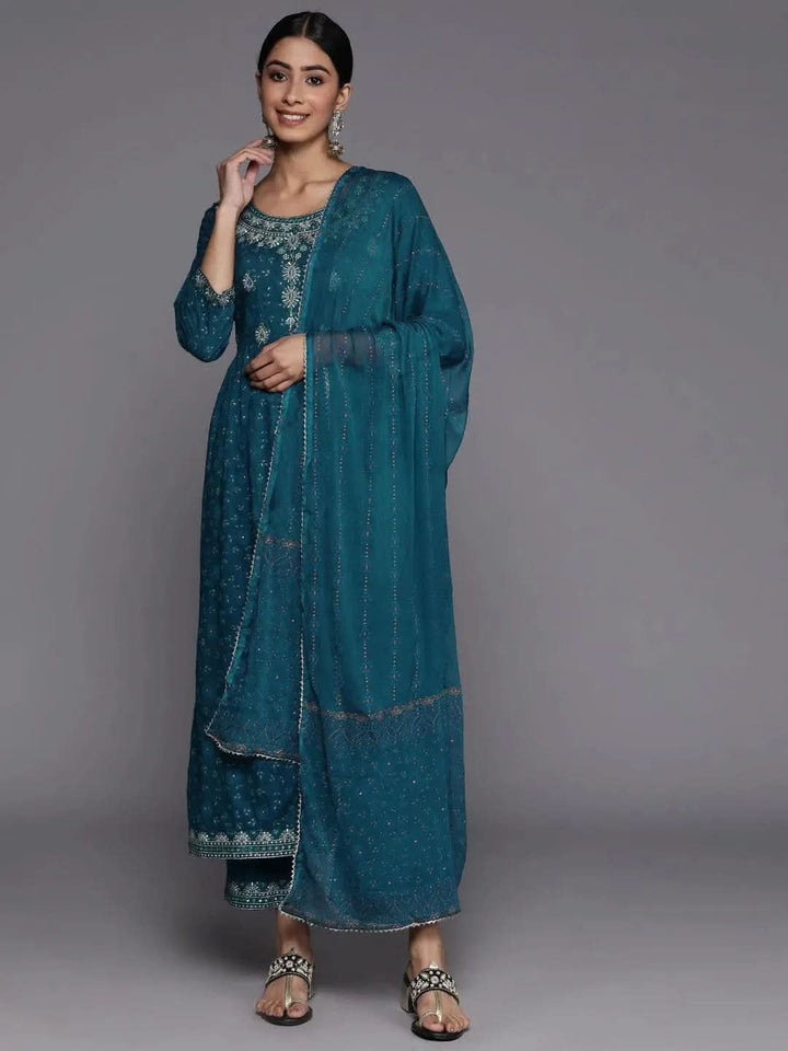 Teal Yoke Design Rayon Suit Set With Trousers - Libas