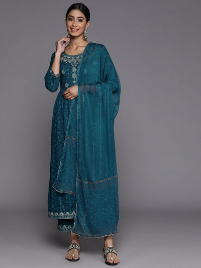 Teal Yoke Design Rayon Suit Set With Trousers - Libas