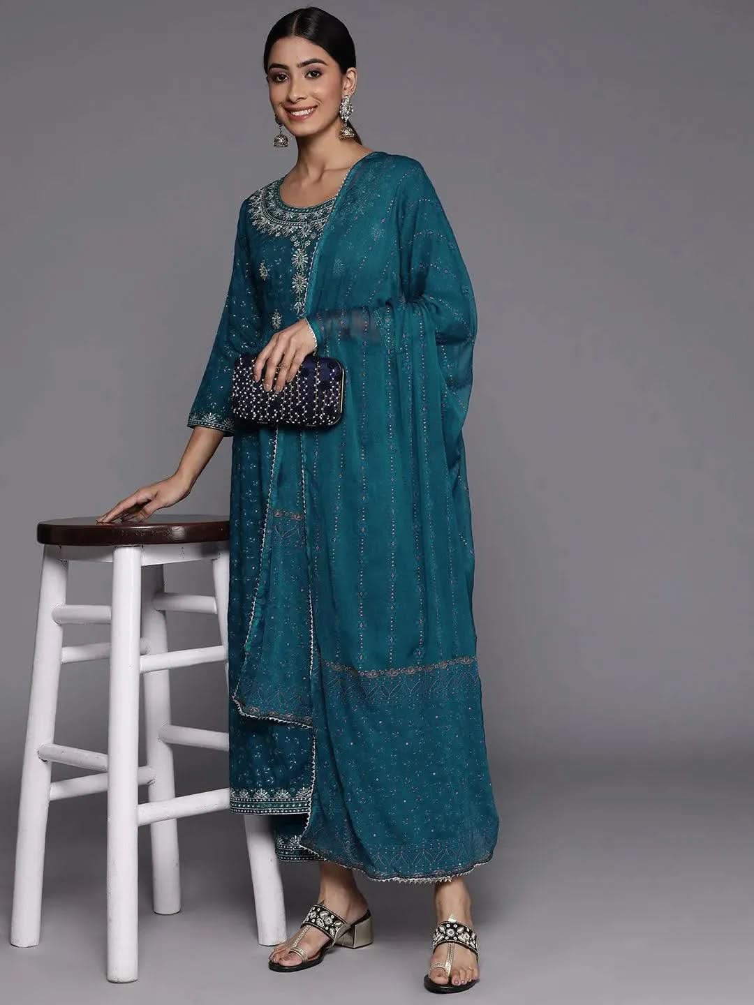Teal Yoke Design Rayon Suit Set With Trousers - Libas 