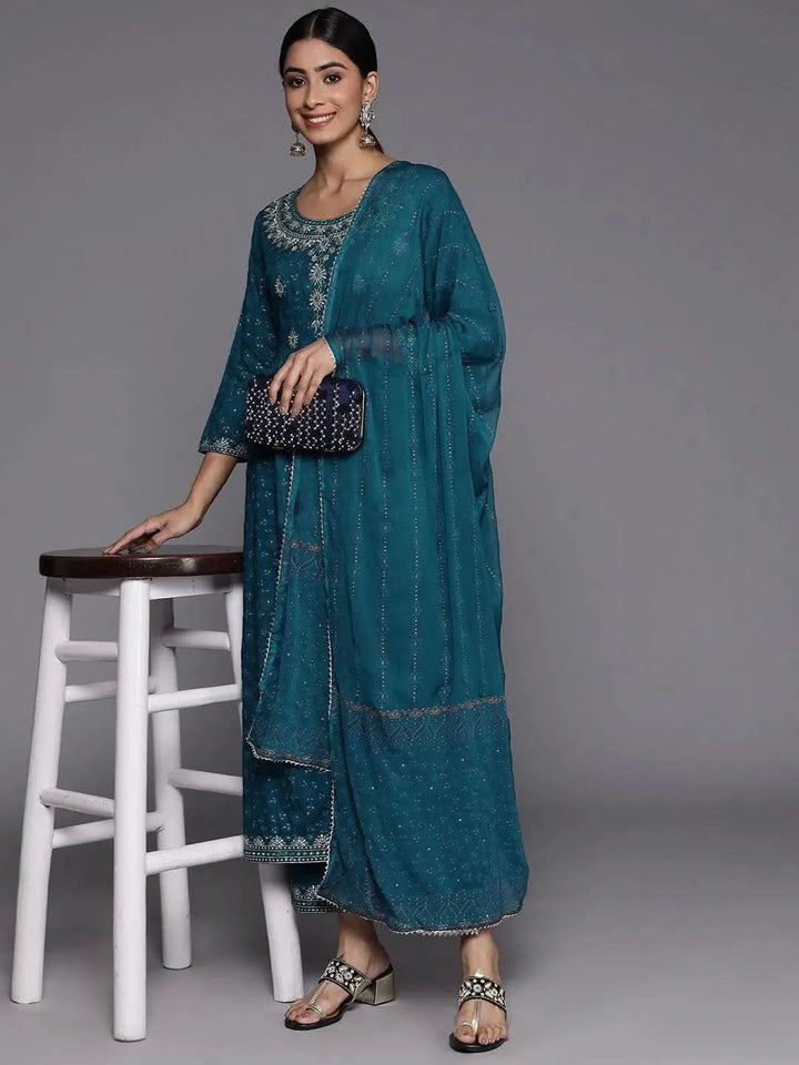Teal Yoke Design Rayon Suit Set With Trousers - Libas