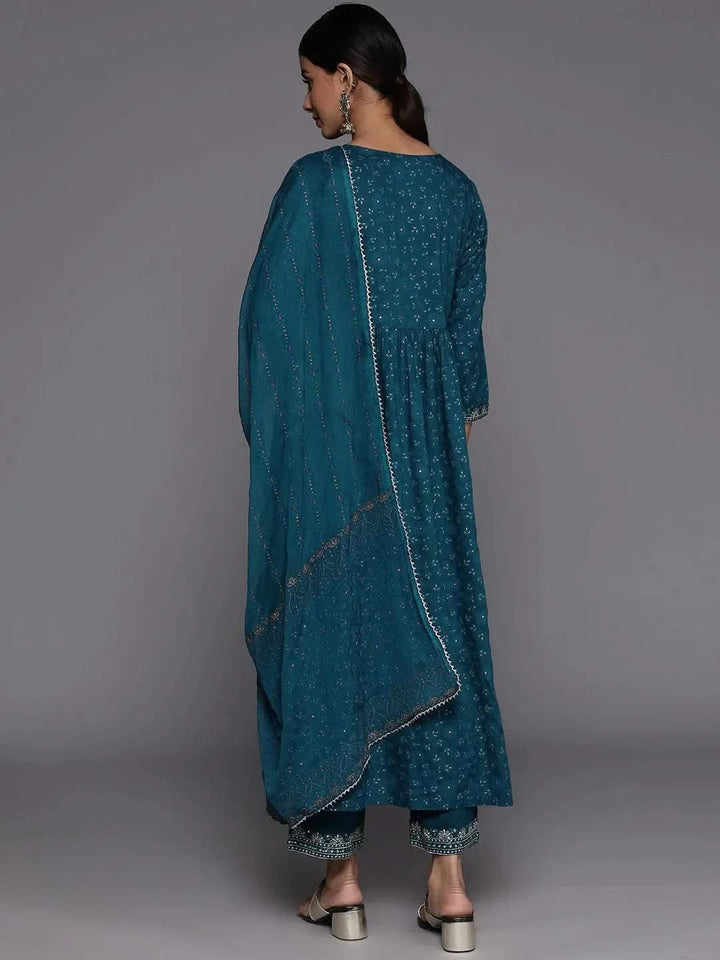 Teal Yoke Design Rayon Suit Set With Trousers - Libas